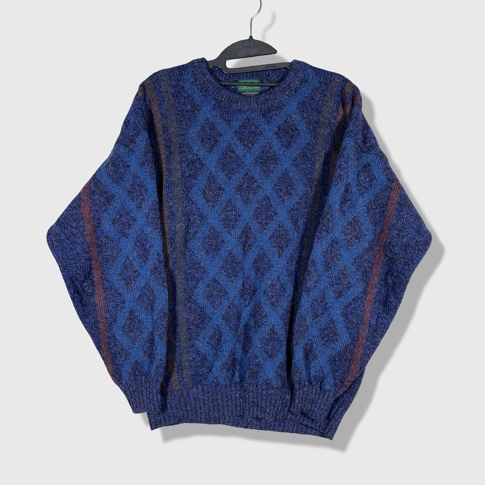 Byford Wool Sweater Mens L Blue Geometric Vintage Grandpacore Made in England